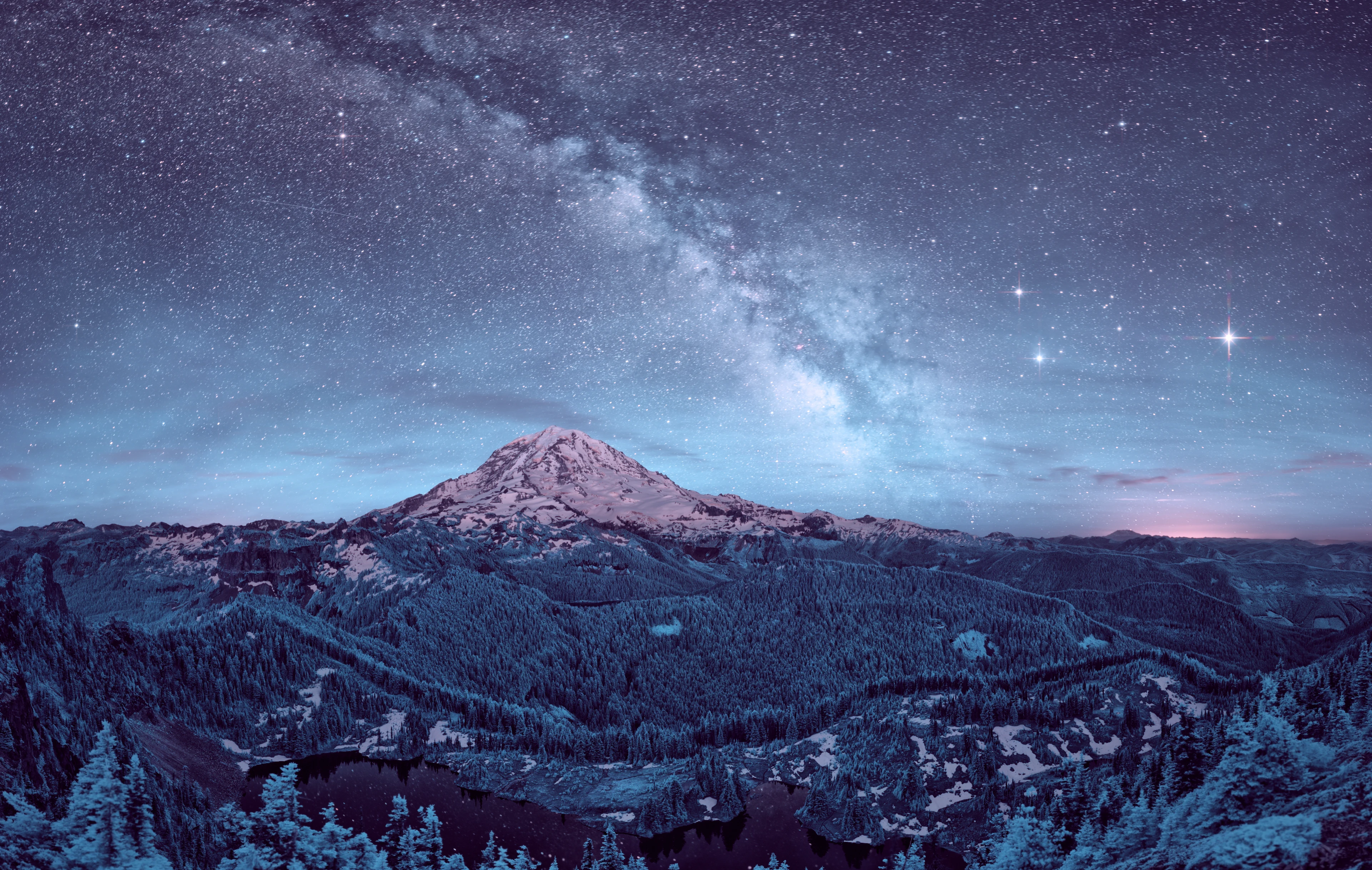 Mt Rainier in infared at night showing milky way