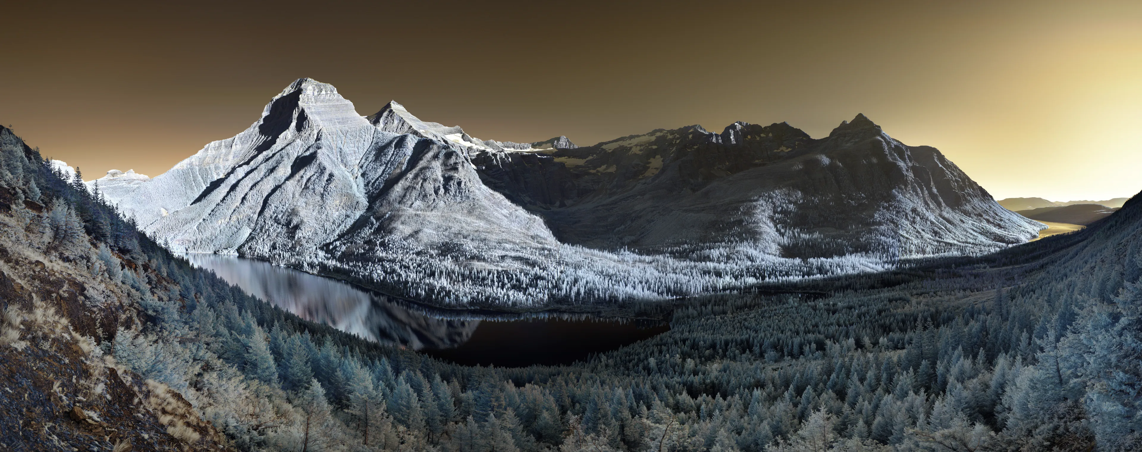 Colour infrared photograph of Upper Kintla Lake Glacier National Park